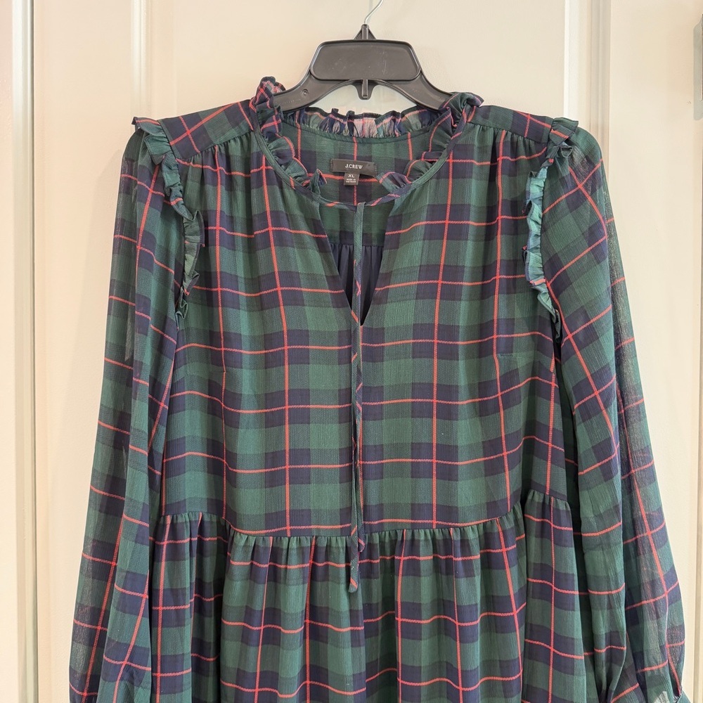 J. Crew Tie Neck Tiered Dress in Black Watch Tartan Green Navy Red Color sz XL - Picture 4 of 14